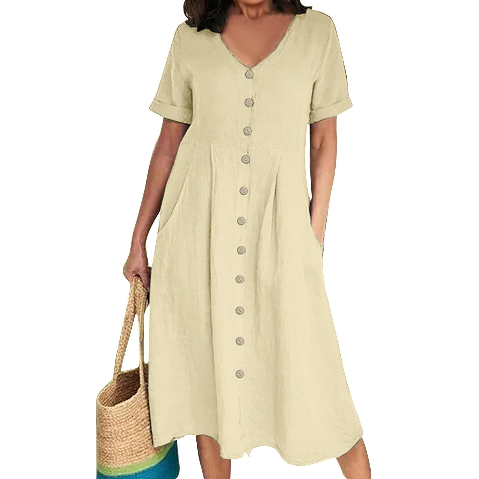 Mini Bee Clothing Minibee Women's Linen Cotton Midi Dress  Short Sleeve, Plus  Size, Pocket Detail, Loose Fit Short Sleeve Casual Dress