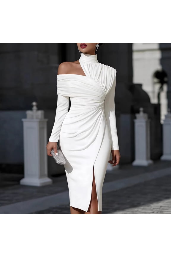 Women's Dress Mock Neck Midi Dresses One Shoulder Summer 2026 Ruched Casual Wedding Guest Sundress Slim Fit Asymmetrical Smocked Dress White S