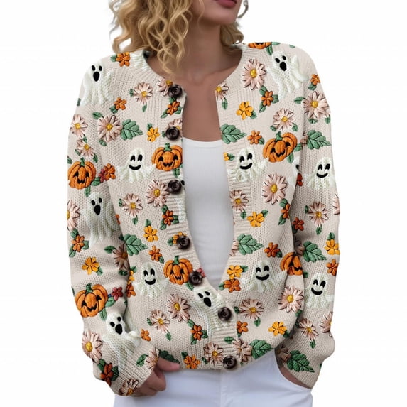 Evdexr Women's Halloween Cardigan Ghost Skeleton Graphic Jackets Funny Knit Button Down Long Sleeve Cardigan Sweaters Loose Lightweight Cardigans XL