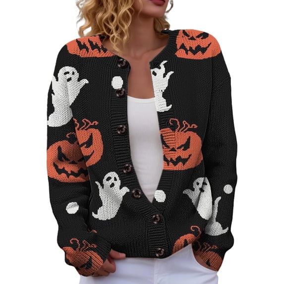 Evdexr Women's Halloween Cardigan Witch Ghost Graphic Cardigans Funny Knit Button Down Long Sleeve Jackets Open Front Plus Size Cardigan Sweaters 4XL