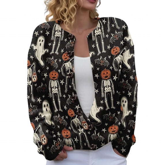 Evdexr Women's Halloween Sweaters Witch Pumpkin Graphic Jackets 2026 Long Sleeve Knit Button Down Cardigans Oversized Plus Size Cardigan Sweaters M