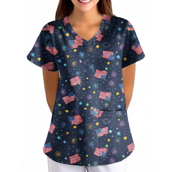 Evdexr Women's Independence Day Scrub Tops 4th Of July V Neck Scrubs Patriotic Short Sleeve Stars and Stripes Nursing Uniforms Loose Fit Workwear with Pockets Red XL