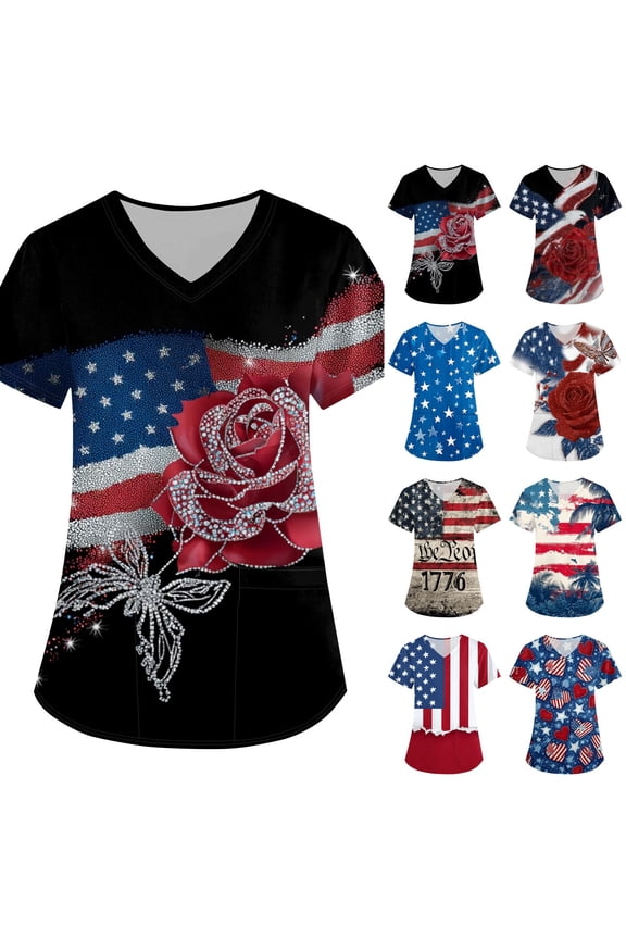 Women's Independence Day Scrubs 1776 2026 Short Sleeve Scrub Tops 4th Of July V Neck Red Blue and White Workwear Stretch Shirts with Pockets Royal Blue S