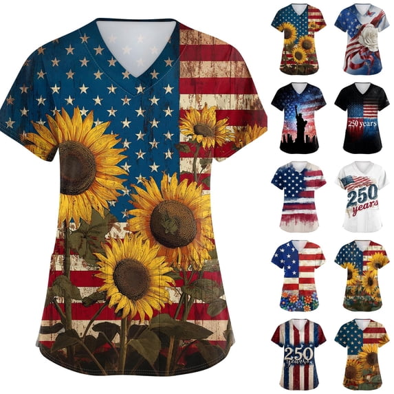 Evdexr Women's Independence Day Scrubs 1776 2026 V Neck Scrub Tops 4th Of July Short Sleeve Red Blue and White Shirts Plus Size Nursing Uniforms with Pockets Wine XL