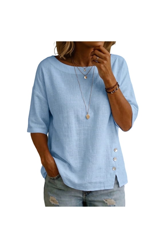 Women's Linen Tops 3/4 Sleeve Boat Neck Shirts Summer 2026 Lightweight Vacation Blouses Loose Fit Baggy Oversized Casual Top Light Blue S