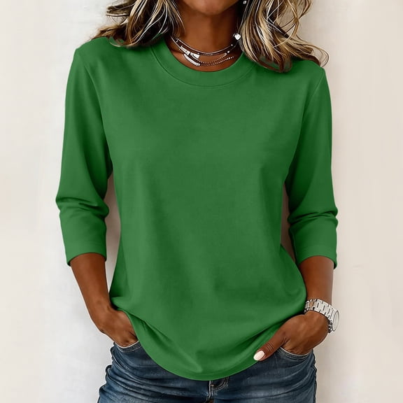 Evdexr Women's Shirts Crew Neck 3/4 Sleeve Tops Summer 2026 Loose Fit Basic Vacation T Shirts Solid Color Lightweight Plus Size Beach Blouses Green S