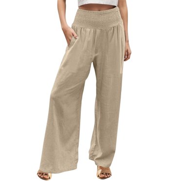 RPVATI Palazzo Pants For Women Summer Linen Smocked Waist Wide Leg Pant Boho Flowy Ruffle Hem Casual Beach Vacation Trousers Light Purple Xl