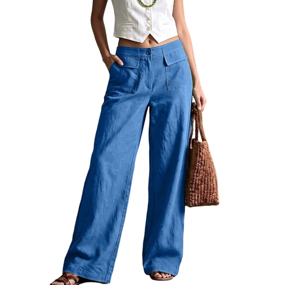 Evdexr Women's Wide Leg Pants Button Linen Pants 2026 Summer Work Pant Straight Leg High Waisted Solid Beach Trousers with Pockets XL