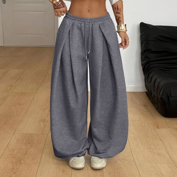 Evdexr Women's Wide Leg Sweatpants Barrel Baggy Drawstring Sweatpants Fall 2026 Y2k Trendy Trousers Loose Fit Low Waist Pleated Pant M