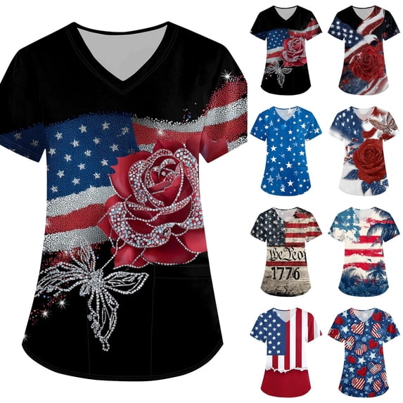 Evdexr Womens 250 Anniversary Usa Scrub Tops Patriotic V Neck Scrubs 1776 2026 Short Sleeve Stars and Stripes Nursing Uniforms Plus Size Workwear with Pockets Navy L