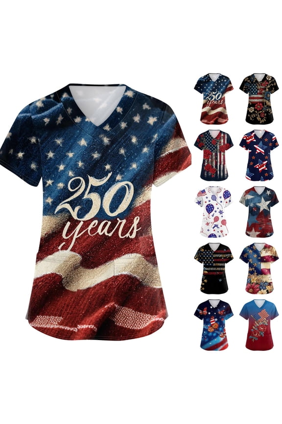 Womens 250th Anniversary Usa Scrub Tops 1776 2026 V Neck Scrubs Patriotic Short Sleeve Red Blue and White Shirts Stretch Nursing Uniforms with Pockets Red S