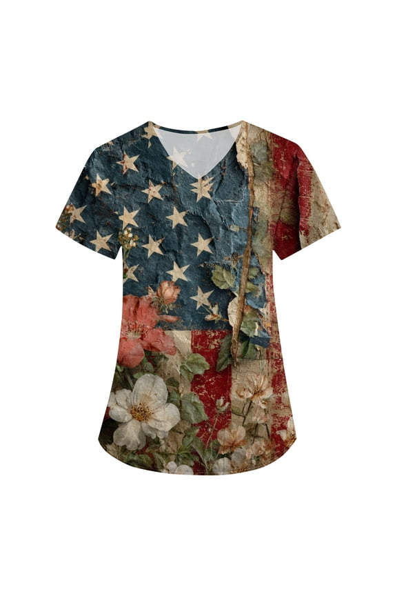 Womens 250th Anniversary Usa Scrubs 1776 2026 V Neck Scrub Tops Patriotic Short Sleeve Usa Flag Workwear Graphic Shirts with Pockets Navy L