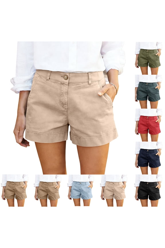 Womens Chino Shorts Button Down High Waisted Shorts Summer Lightweight Beach Short Wide Leg Baggy Lounge Bermuda Shorts with Pockets Green L