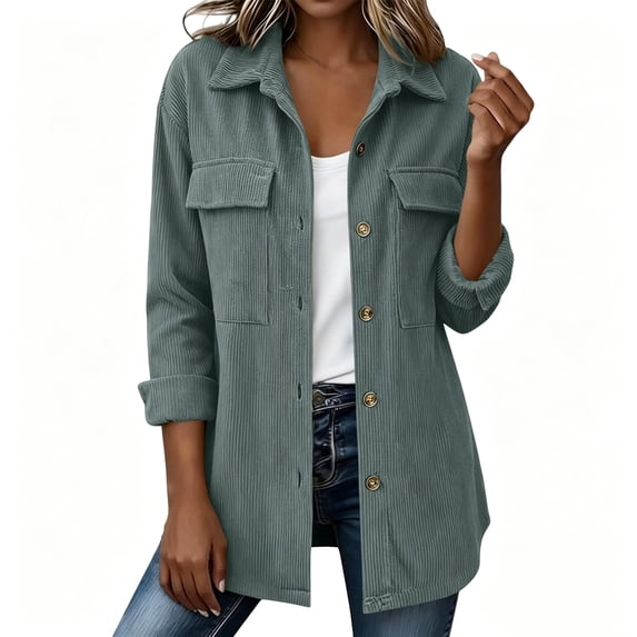 Evdexr Womens Corduroy Jacket Button Down Long Sleeve Collared Shirt 2026 Winter Casual Office Coats Relaxed Fit Open Front Tops with Pocket S