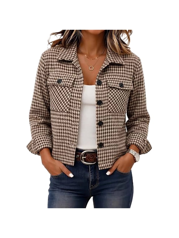 Womens Cropped Shacket Button Down Long Sleeve Plaid Coat 2026 Winter Vintage Casual Jacket Open Front Oversized Tops with Front Pockets M