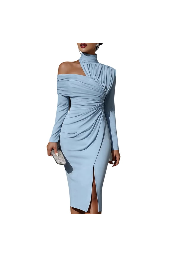 Womens Dress Long Sleeve Midi Dresses Mock Neck Summer 2026 Ruched Casual Wedding Guest Sundress Off Shoulder Slim Fit Asymmetrical Dress Light Blue S