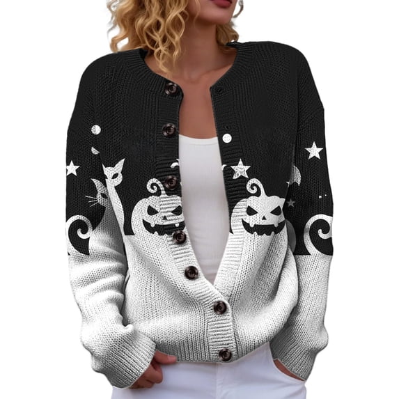 Evdexr Womens Halloween Cardigan Pumpkin Skeleton Graphic Cardigan Sweaters Funny Button Down Long Sleeve Knit Cardigans Lightweight Loose Jackets XL