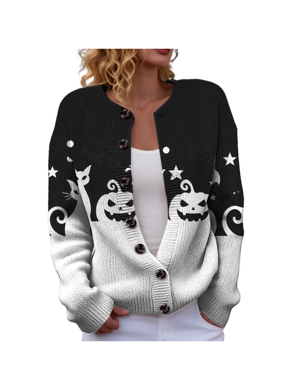Womens Halloween Cardigan Skeleton Pumpkin Graphic Jackets Funny Button Down Long Sleeve Knit Cardigan Sweaters Oversized Lightweight Cardigans 5XL