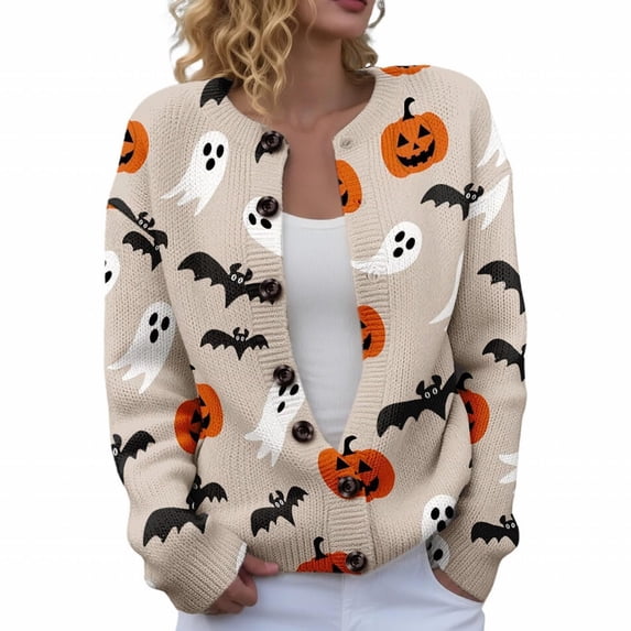 Evdexr Womens Halloween Sweaters Pumpkin Skeleton Graphic Cardigan Sweaters 2026 Knit Button Down Long Sleeve Jackets Plus Size Oversized Cardigans 2XL