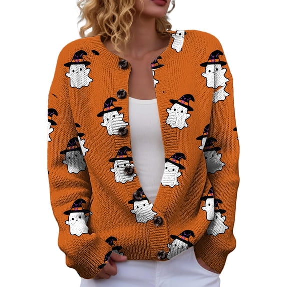 Evdexr Womens Halloween Sweaters Skeleton Witch Graphic Cardigans 2026 Long Sleeve Button Down Knit Cardigan Sweaters Oversized Lightweight Jackets L