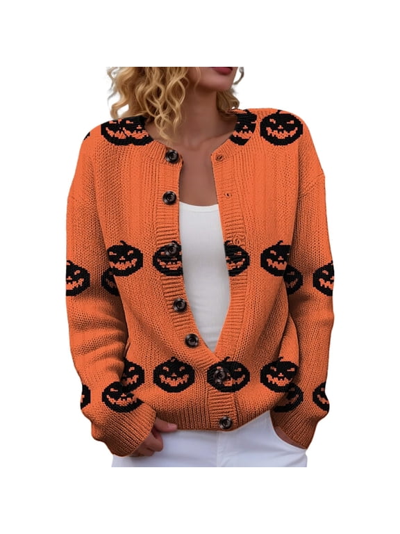 Womens Halloween Sweaters Skeleton Witch Graphic Jackets Funny Long Sleeve Button Down Knit Cardigan Sweaters Oversized Plus Size Cardigans M