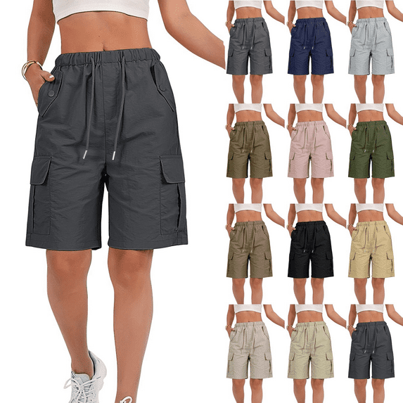Evdexr Womens Hiking Shorts Bermuda Cargo Golf Shorts Knee Length Stretchy Athletic Trouser Shorts 2025 Drawstring Lightweight Waterproof Shorts Dark Gray L