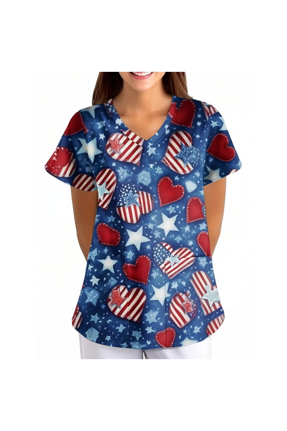 Womens Independence Day Scrub Tops 1776 2026 V Neck Scrubs 4th Of July Short Sleeve Red Blue and White Nursing Uniforms Loose Fit Shirts with Pockets Red S