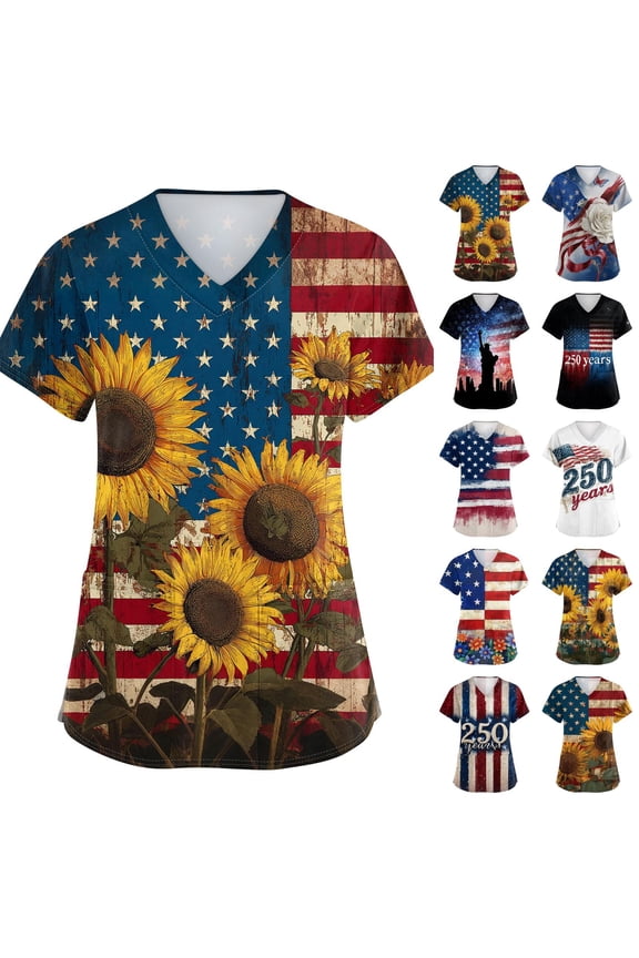 Womens Independence Day Scrubs 1776 2026 Short Sleeve Scrub Tops Patriotic V Neck Stars and Stripes Nursing Uniforms Plus Size Shirts with Pockets Orange 2XL