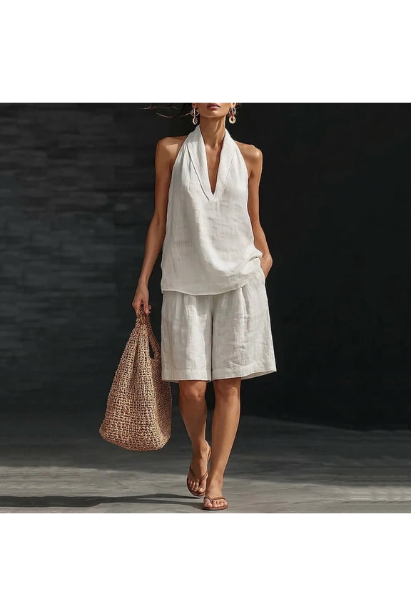 Womens Linen 2 Piece Sets V Neck Sleeveless Tops & Mini Skirts Travel Outfits Summer 2026 Trendy Baggy Cotton Loose Fit Sets with Pockets White S