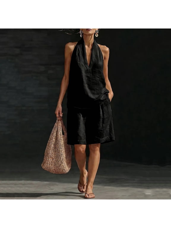 Womens Linen 2 Piece Sets V Neck Sleeveless Tops & Mini Skirts Travel Sets Summer 2026 Casual Matching Cotton Baggy Outfits with Pockets Black M