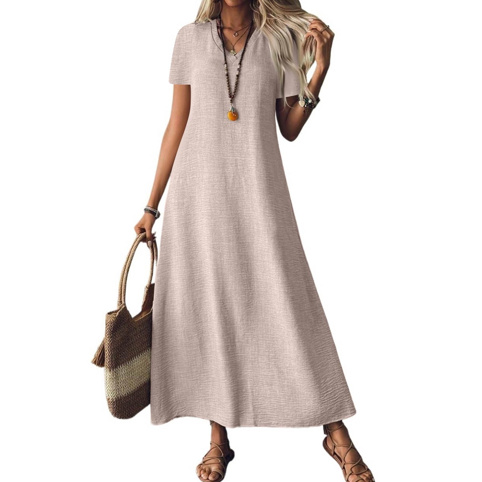 Evdexr Womens Linen Dresses Cotton Maxi Dresses Solid Colour Flowy V ...