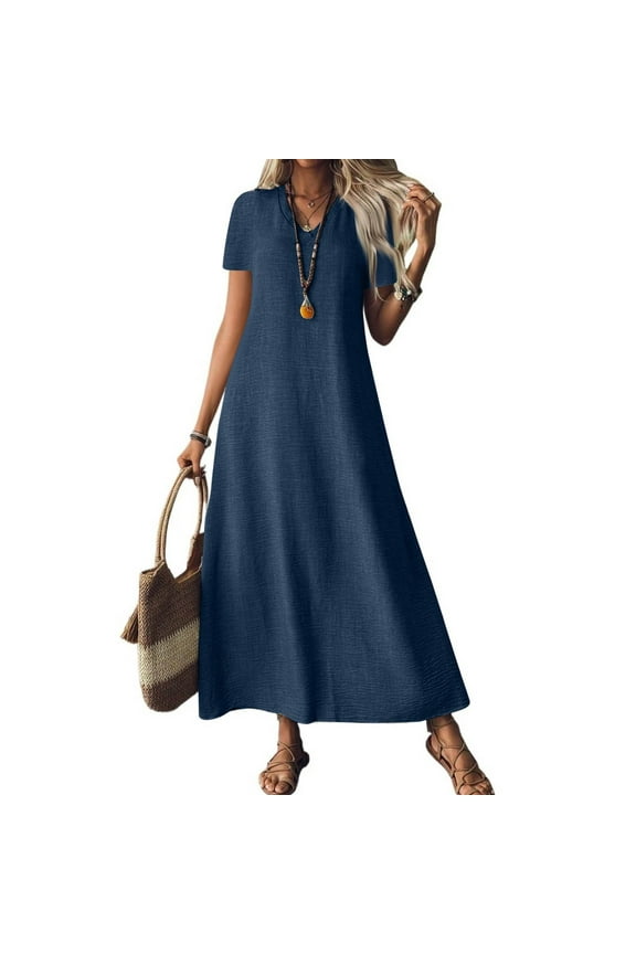 Womens Linen Dresses Cotton Maxi Shirt Dress V Neck Short Sleeve Solid Colour Flowy Retro Dresses Flowy Oversized Loose Casual Dress with Pockets Navy S