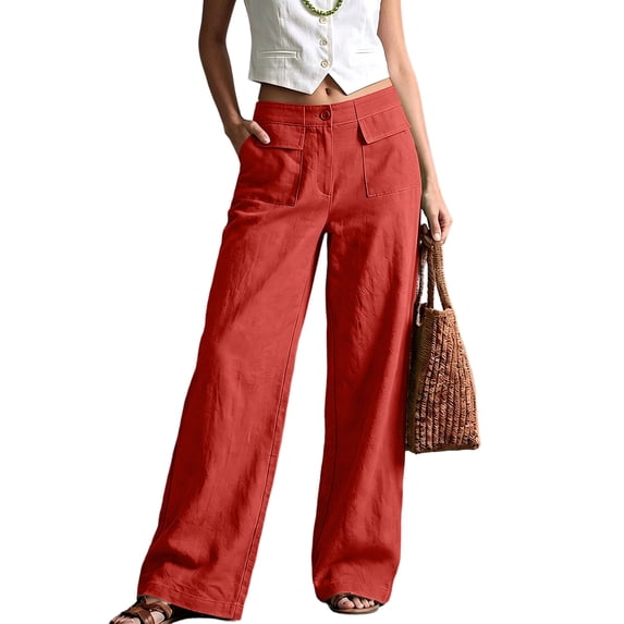Evdexr Womens Linen Pants Button Wide Leg Pants 2026 Summer Vacation Trousers Loose Fit Straight Leg High Waisted Beach Pant with Pockets S