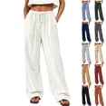 thumbnail image 1 of Evdexr Womens Linen Pants Drawstring Loose Fit Pant Summer Lightweight Beach Trousers Elastic Waist Wide Leg Casual Slacks with Pockets White S, 1 of 6