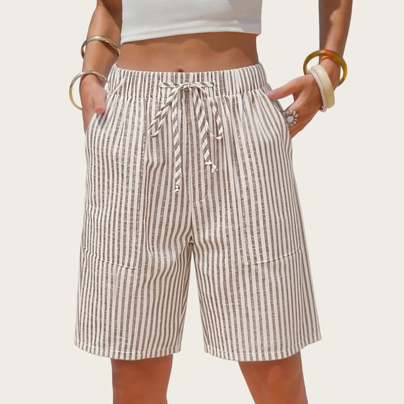 Evdexr Womens Linen Shorts Striped Bermuda Shorts Summer Knee Length Drawstring Beach Shorts 2026 High Waisted Loose Fit Elastic Short Pants S
