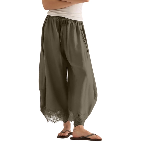 Evdexr Womens Palazzo Pants Drawstring Lace Trim Trousers 2026 Summer Elastic Palazzo Pant High Waisted Flowy Lightweight Casual with Pockets 2XL