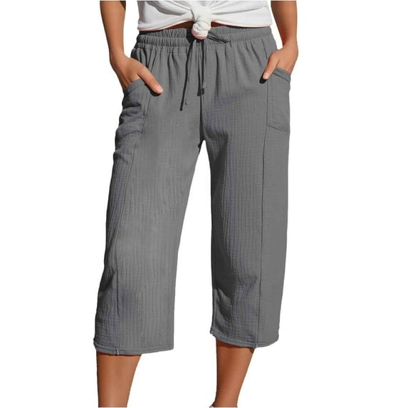 Evdexr Womens Petite Linen Capris Cotton Straight Leg Workout Cropped Pant Drawstring Casual Trousers Lightweight Plus Size Harem Pants with Pockets Gray L