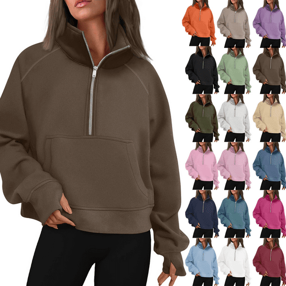 Evdexr Womens Sweatshirts Half Zip Cropped Pullover Fleece Quarter Zipper Hoodies 2025 Fall Fashion Outfits Clothes Gray 2XL