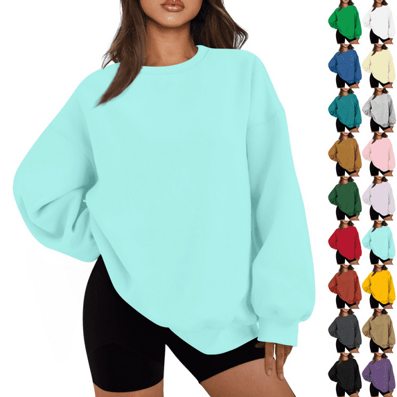 Evdexr Womens Sweatshirts Long Sleeve Oversized Fleece Crew Neck Solid Color Casual Loose Pullover 2025 Winter Clothes Light Blue 3XL