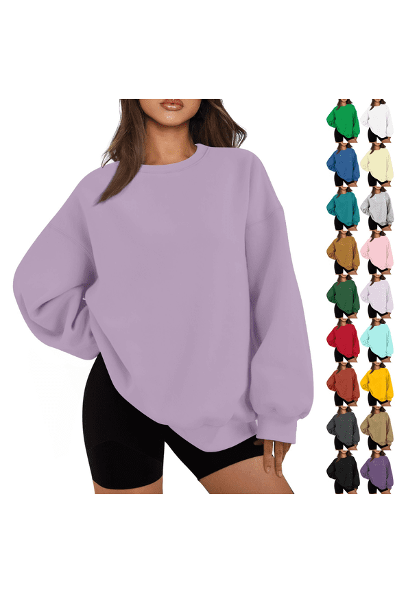 Womens Sweatshirts Long Sleeve Oversized Fleece Crew Neck Solid Color Casual Loose Pullover 2025 Winter Clothes Light Purple M