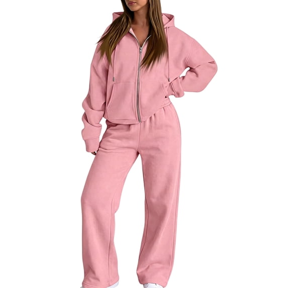 Evdexr Womens Sweatsuits 2 Piece Sets Hooded Long Sleeve Zip Up Hoodie & Jogging Pants Outfits 2026 Fall Solid Casual Sports Lounge Set with Pockets S
