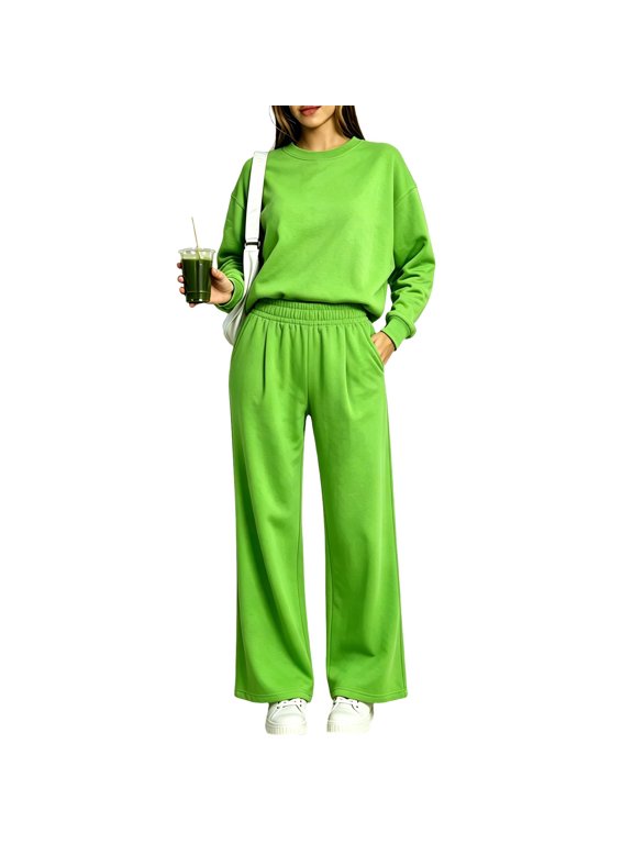 Womens Track Suits 2 Piece Long Sleeve Crew Neck Pullover & Sweatpants Sweatsuits Fall Winter Travel Workout Solid Color Loose Fit Outfits S