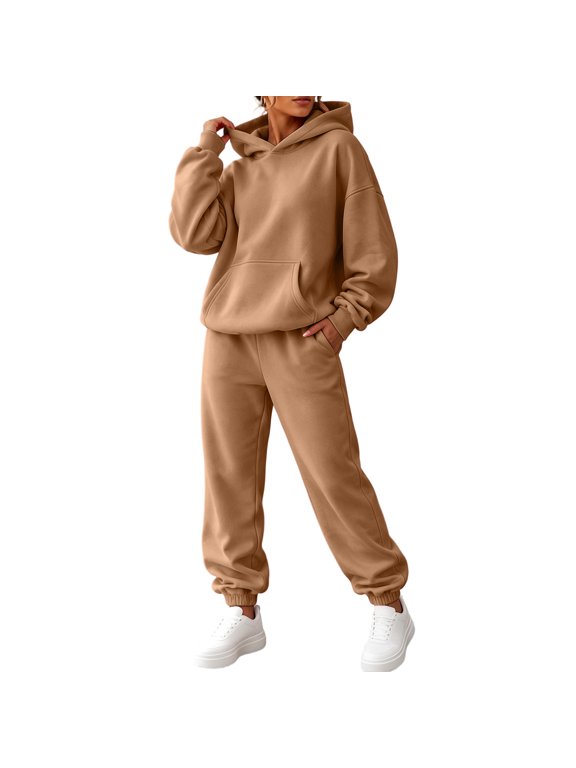 Womens Track Suits 2 Piece Oversized Long Sleeve Hoodies & Pants Outfits Winter Fall Workout Lounge Sweatsuits Hooded Drawstring Sets with Pocket XL