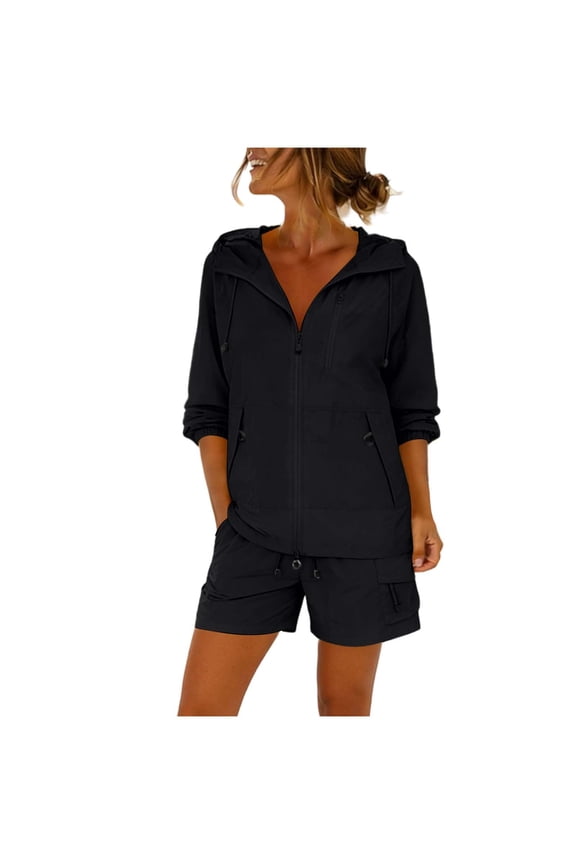 Womens Tracksuit Drawstring Hooded Beach Windbreakers &cargo Shorts Sets Summer 2026 Lounge Loose Fit Lightweight Lightweight Outfits with Pockets Black S