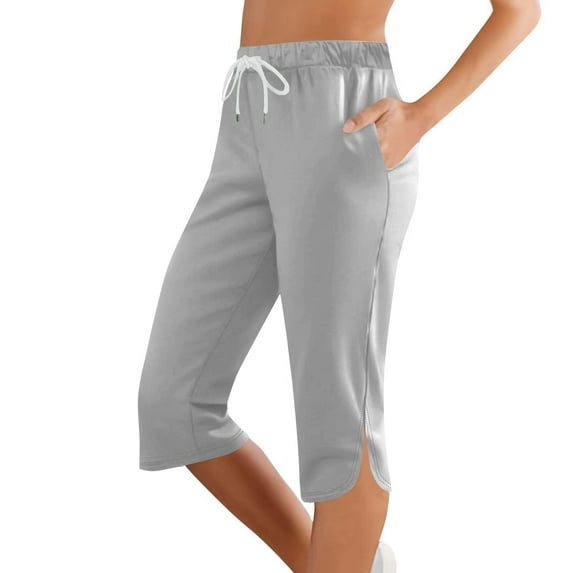 Evdexr Petite Capris Women Yoga Drawstring Gym Sweatpants Side Slit Dressy Joggers Cropped Pant Stretch Knee Length Summer Trouser with Pockets Gray 2XL