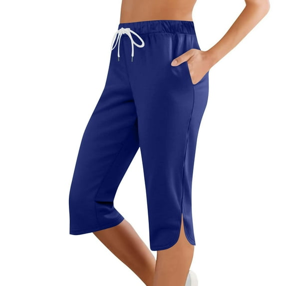 Evdexr Yoga Capris for Womens Petite Drawstring Gym Trouser Side Slit Dressy Workout Sweatpants Lightweight Stretch 2025 Cropped Pant with Pockets Royal Blue XL