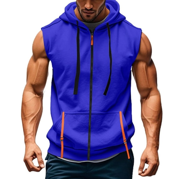 Evdexr Zip Up Hoodies Men Sleeveless Pullover Solid Hooded Athletic Drawstrings Sweatshirts Lightweight Big and Tall Zipper Muscle Fit Tank Tops Royal Blue XL
