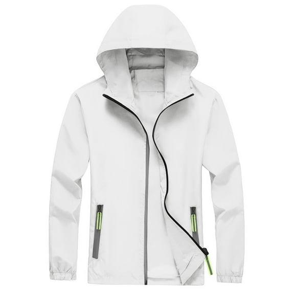 Evdexr Zip Up Rain Jacket for Men Hooded Jacket Coat Sun Protection Waterproof Hiking Jacket Fall Long Sleeve Lightweight Uv Protect Loose Raincoat White L