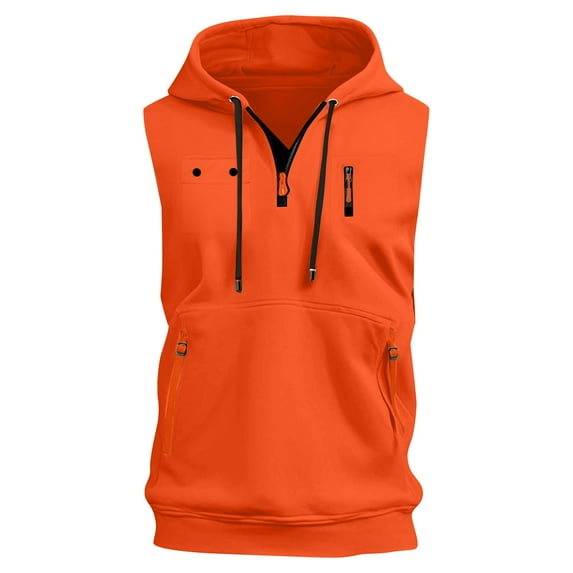 Evdexr Zip Up Sleeveless Tank Top for Men Workout Hooded Drawstring Tanks Solid Loose Fit Summer T Shirts Bodybuilding Lightweight Summer Sweatshirt with Pocket Saffron 2XL