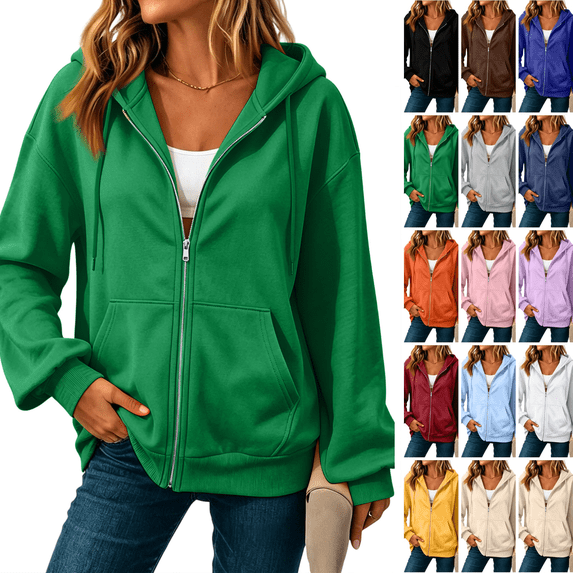 Evdexr Zip Up Hoodies for Women Lightweight Long Sleeve Sweatshirt Jacket Comfort Plus Size Loose Fit Hooded Coat with Pockets Green XL